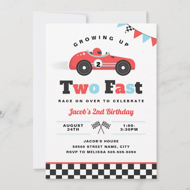 Growing Up Two Fast Red Race Car 2nd Invitation (Front)