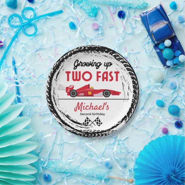 Growing Up Two Fast Red Race Car Boy 2nd birthday  Paper Plate (Party)