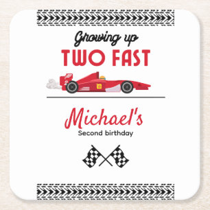 Growing Up Two Fast Red Race Car Boy 2nd birthday  Square Paper Coaster