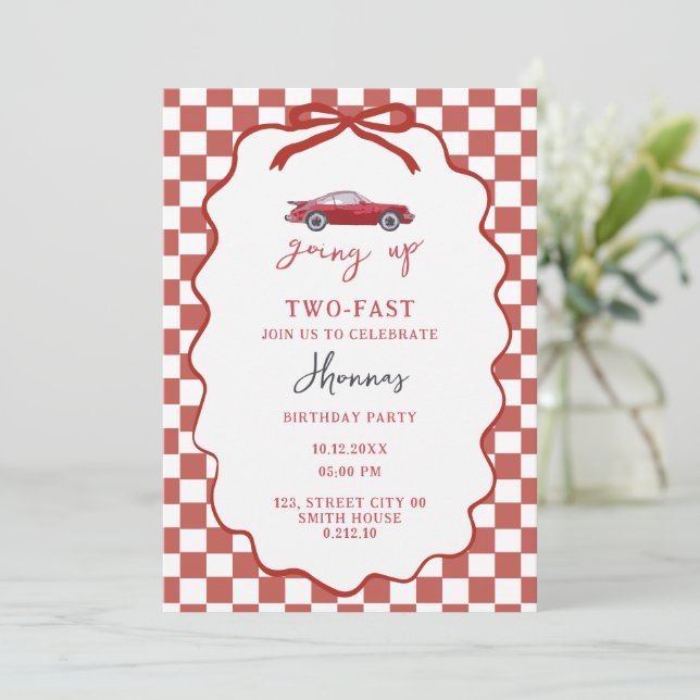 Growing Up Two Fast Red retro birthday invitation (Standing Front)