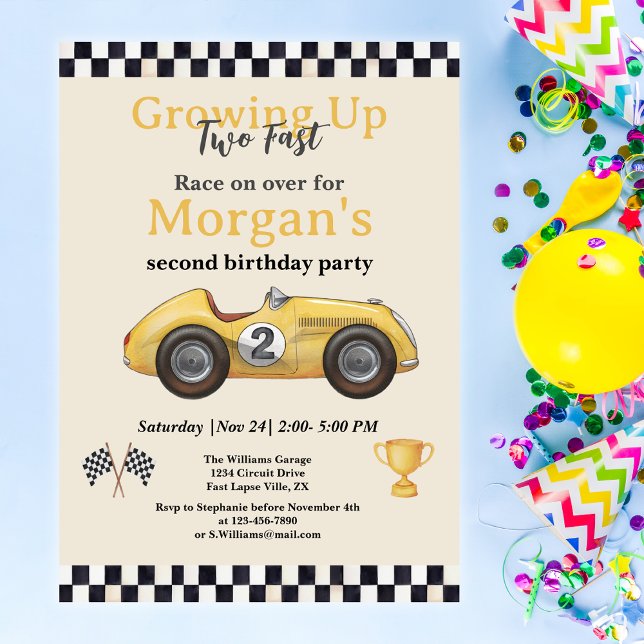 Growing Up Two Fast Yellow Race Car Kids 2nd  Invitation (Creator Uploaded)