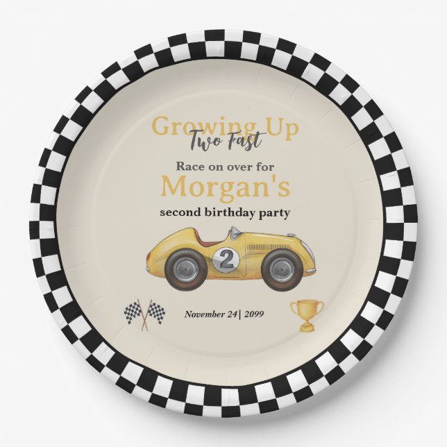 Growing Up Two Fast Yellow Race Car Kids 2nd  Paper Plate (Front)