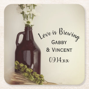 Growler, Hops and Daisies Brewery Wedding Square P Paper Coaster