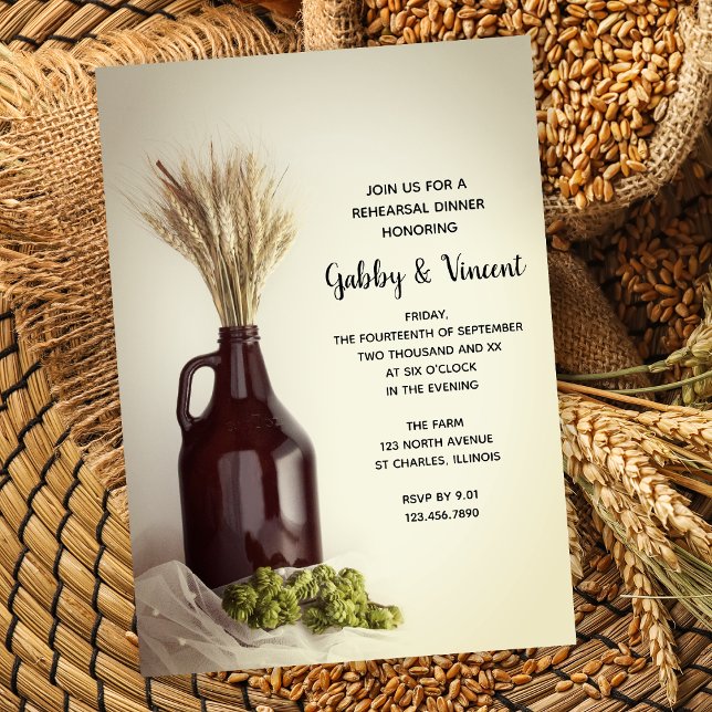 Growler, Hops and Wheat Brewery Rehearsal Dinner  Invitation (Creator Uploaded)