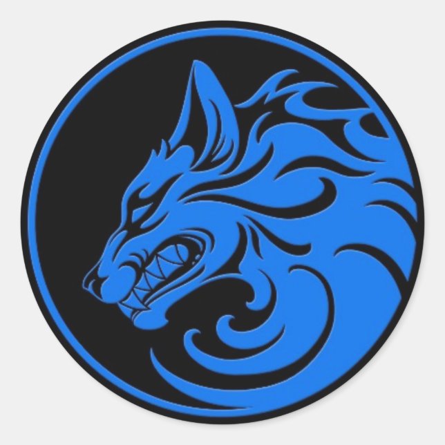 Growling Blue and Black Wolf Circle Classic Round Sticker (Front)