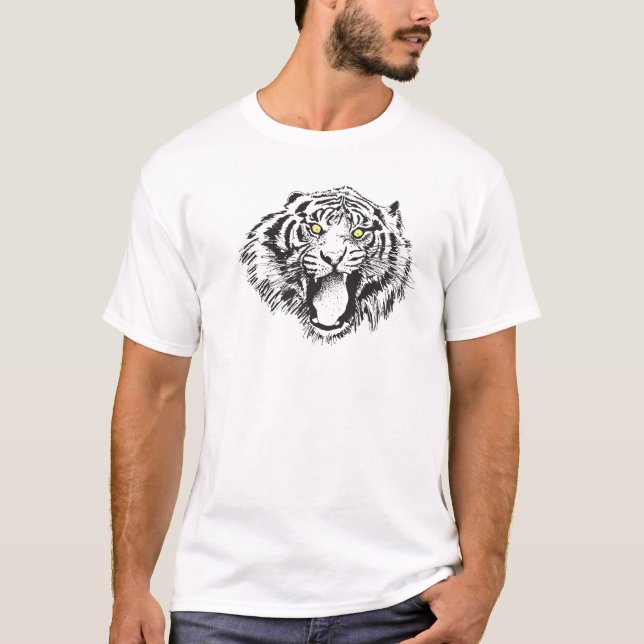 Growling Tiger in Black with Yellow Eyes T-Shirt (Front)
