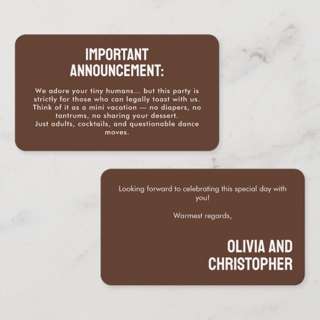 Grown-ups Only! Minimalist Bold Rustic Harmony Enclosure Card (Front/Back)