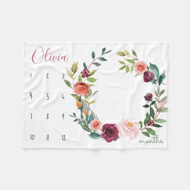 Growth tracker - Milestone boho watercolor flowers Fleece Blanket (Front (Horizontal))