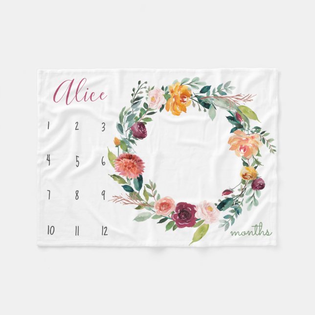 Growth tracker - Milestone watercolor flowers Fleece Blanket (Front (Horizontal))