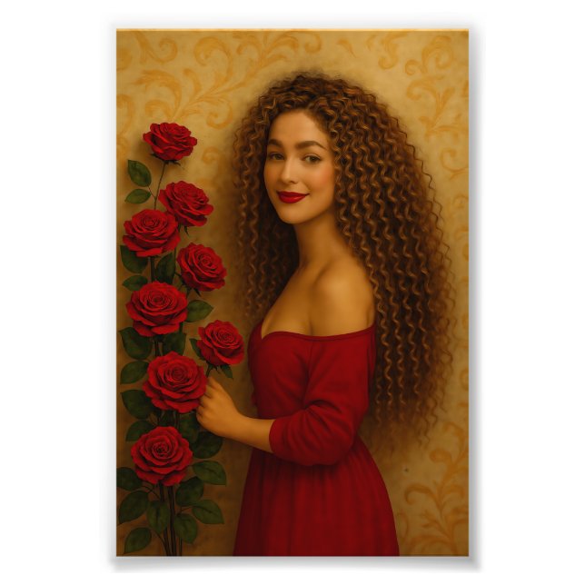 "Grua elegante me fustan të kuq me trëndafila - Po Photo Print (Front)