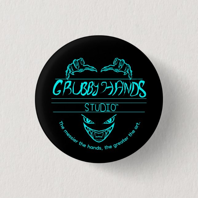 Grubby Hands Studio Logo + Motto Button Pin (Front)
