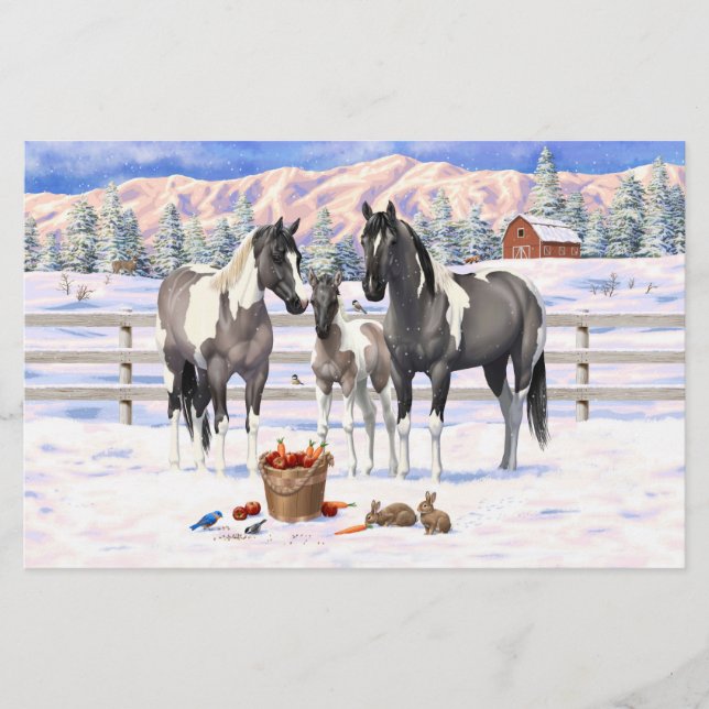 Grulla Pinto Grey Paint Horses on a Winter Farm (Front)