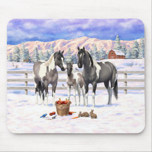 Grulla Pinto Grey Paint Horses on a Winter Farm Mouse Pad