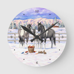 Grulla Pinto Grey Paint Horses on a Winter Farm Round Clock