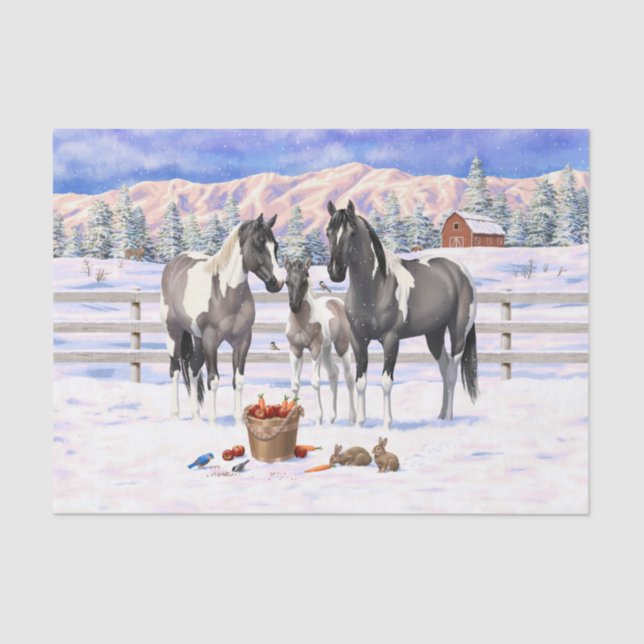Grulla Pinto Grey Paint Horses on a Winter Farm Tissue Paper (Front)