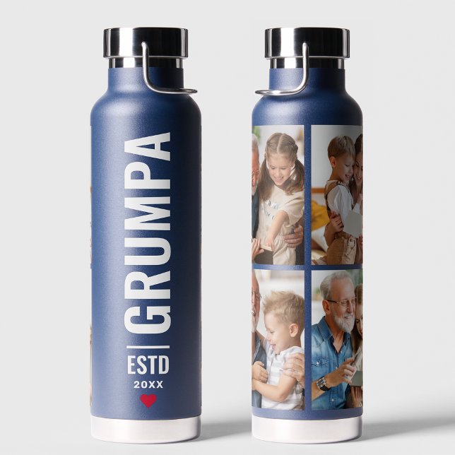 Grumpa | Grandfather Modern 4 Photo Navy Water Bottle (Creator Uploaded)