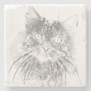 Grumpy Angel Cat Face Outline Stone Coaster