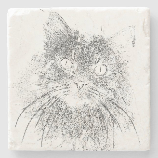Grumpy Angel Cat Face Outline Stone Coaster (Front)