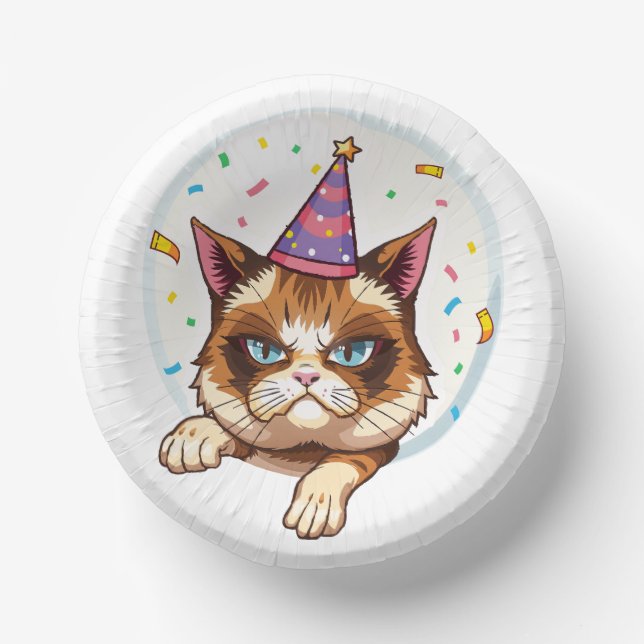 Grumpy Birthday Cat – Party Hat & Confetti Paper Plate (Front)