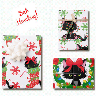 Grumpy Black Cat Bah Humbug Red and Green 3  Wrapping Paper Sheet