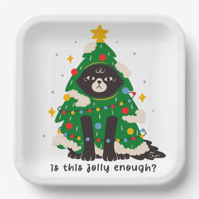 Grumpy Black Cat Dressed As a Tree Paper Plate (Front)