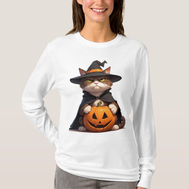 Grumpy Black Cat Holding Pumpkin For Halloween 👻 T-Shirt (Front)