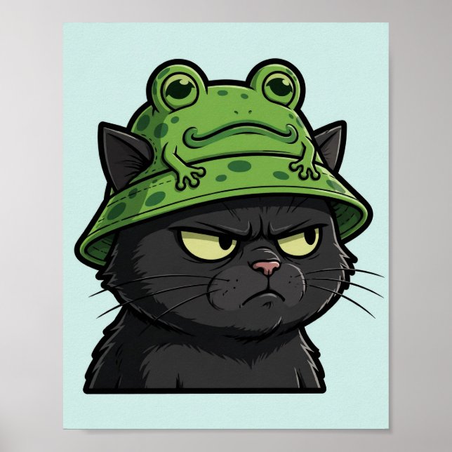 Grumpy Black Cat in a Frog Hat Poster (Front)