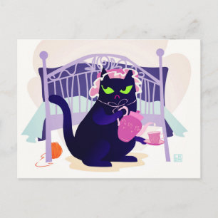 Grumpy Black Cat  in a sleeping cap Postcard