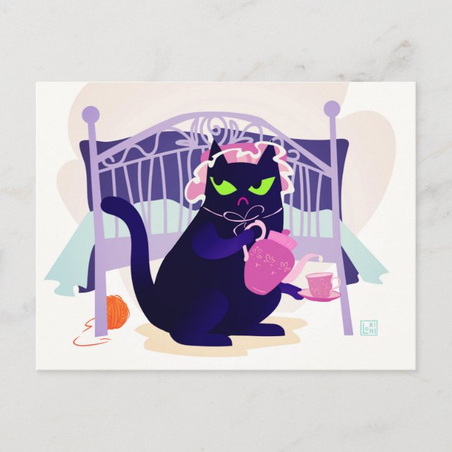 Grumpy Black Cat  in a sleeping cap Postcard (Front)