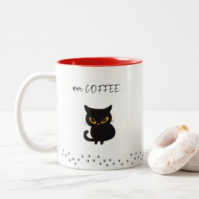 Grumpy Black Cat More Coffee Two-Tone Coffee Mug (With Donut)