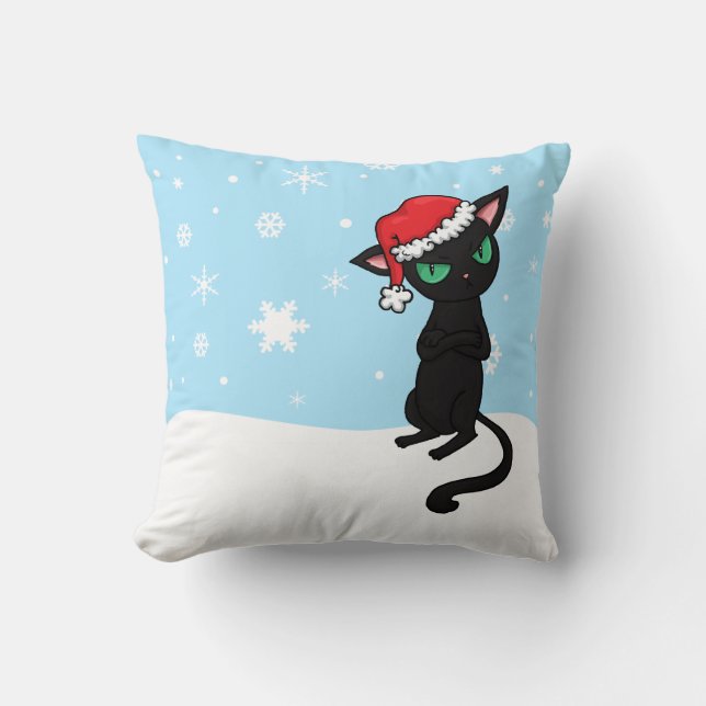 Grumpy Black Cat wearing Santa Hat Cushion (Front)