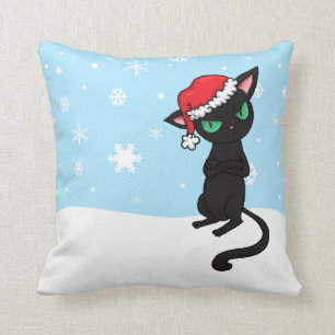 Grumpy Black Cat wearing Santa Hat Cushion
