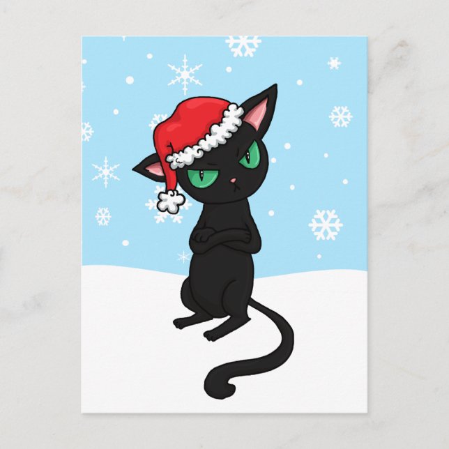 Grumpy Black Cat wearing Santa Hat Holiday Postcard (Front)