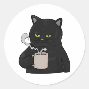 Grumpy Black Cat with Coffee Morning Grouch Classic Round Sticker