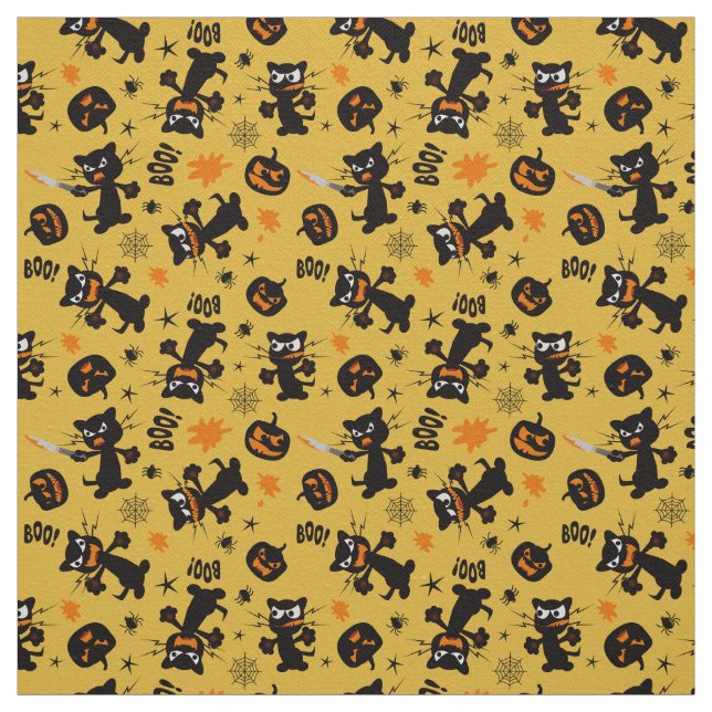 Grumpy Black Halloween Cats and Spooky Pumpkins Fabric (Swatch)