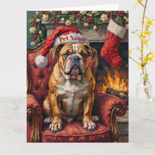 Grumpy Bulldog Christmas Hat on Velvet Chair Card