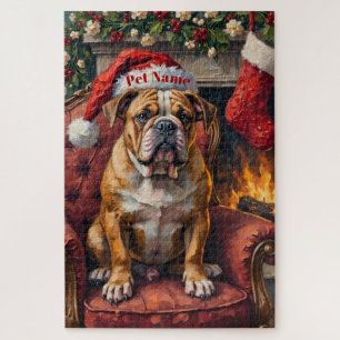 Grumpy Bulldog Christmas Hat on Velvet Chair Jigsaw Puzzle