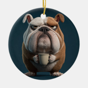 Grumpy Bulldog Coffee – Funny Dog Art Ceramic Tree Decoration