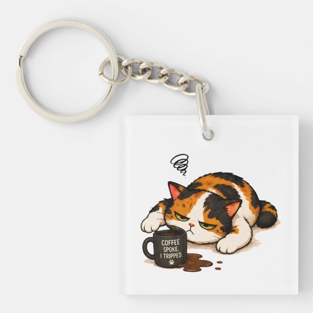 Grumpy Calico Cat - Coffee spoke Key Ring (Front)