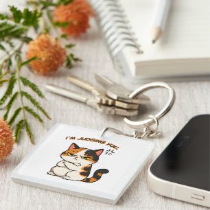 Grumpy Calico Cat - i`m judging you Key Ring