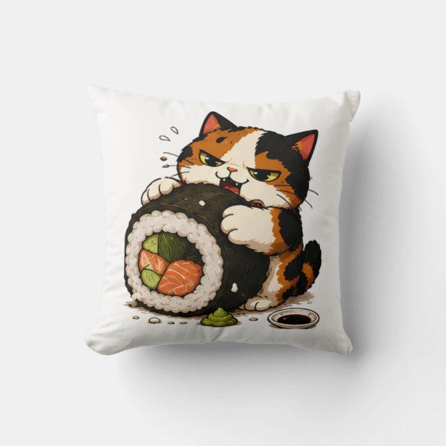 Grumpy Calico Cat Sushi Lover  Cushion (Front)