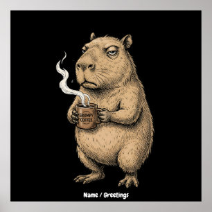 Grumpy Capybara Coffee Vintage Ink Sketch Poster