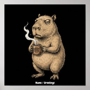Grumpy Capybara Coffee Vintage Ink Sketch Poster