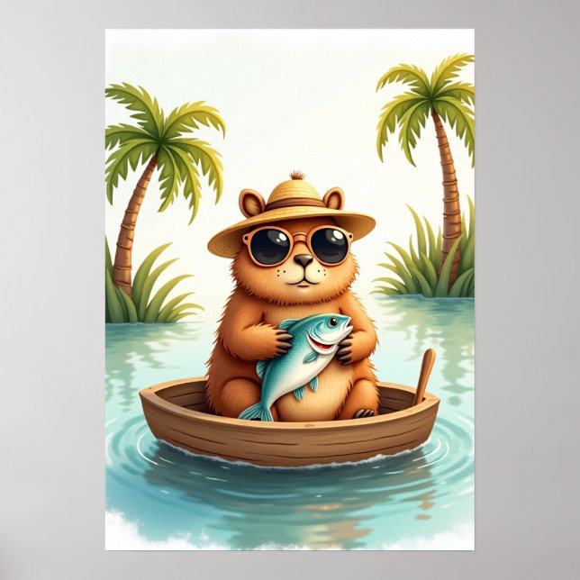 Grumpy Capybara Fishing in His Boat - Funny Animal Poster (Front)