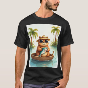 Grumpy Capybara Fishing in His Boat - Funny Animal T-Shirt