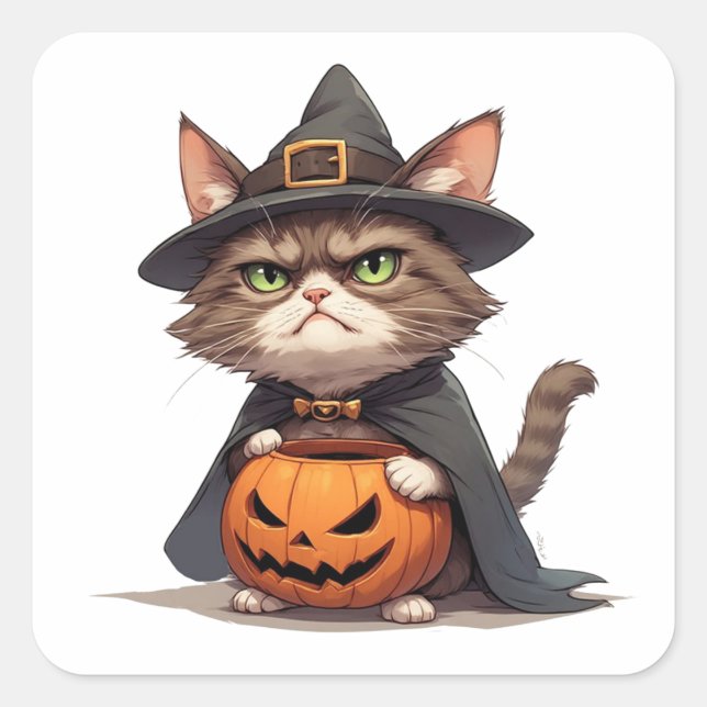 Grumpy Cat And Jack O Lantern Friend Halloween 🎃 Square Sticker (Front)