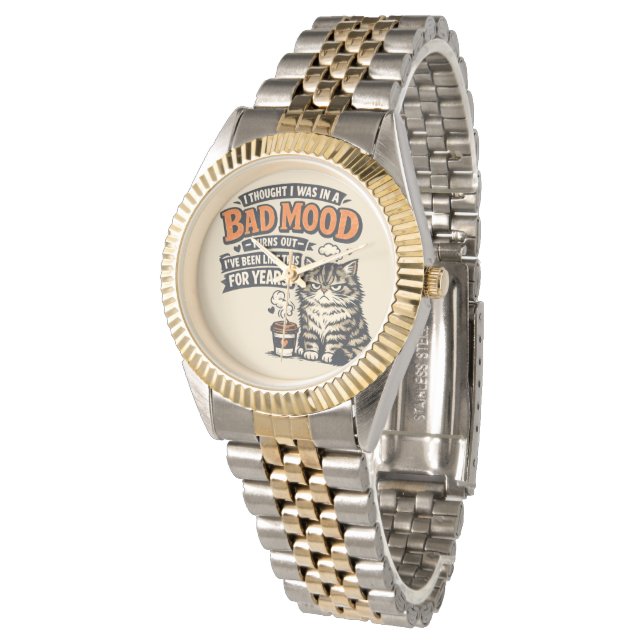Grumpy Cat Coffee Mood – Retro Funny Quote Design Watch (Angled)
