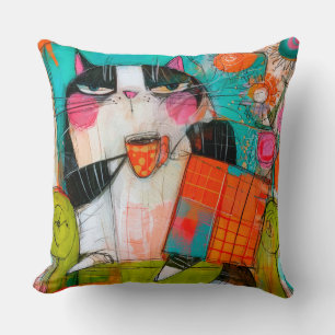 Grumpy Cat Drinking Coffee In Armchair Cushion
