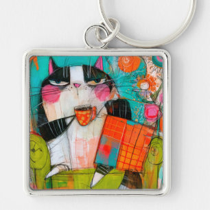 Grumpy Cat Drinking Coffee In Armchair Key Ring