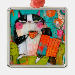 Grumpy Cat Drinking Coffee In Armchair Metal Tree Decoration